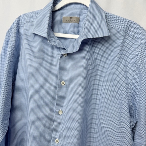 NWOT Canali Men’s Luxury Italian Shirt Sky Blue Checkered Dress Shirt, L - Picture 3 of 9